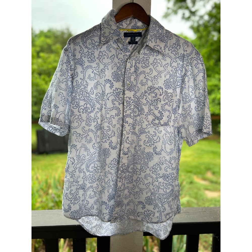 Tommy Hilfiger Linen Top, white/blue print, Size M/L